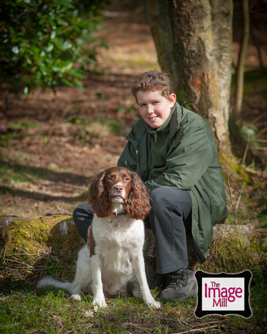 Boy with Springer Spaniel dog in the woods, portrait, at the Image Mill, by pet photographer Phill Andrew